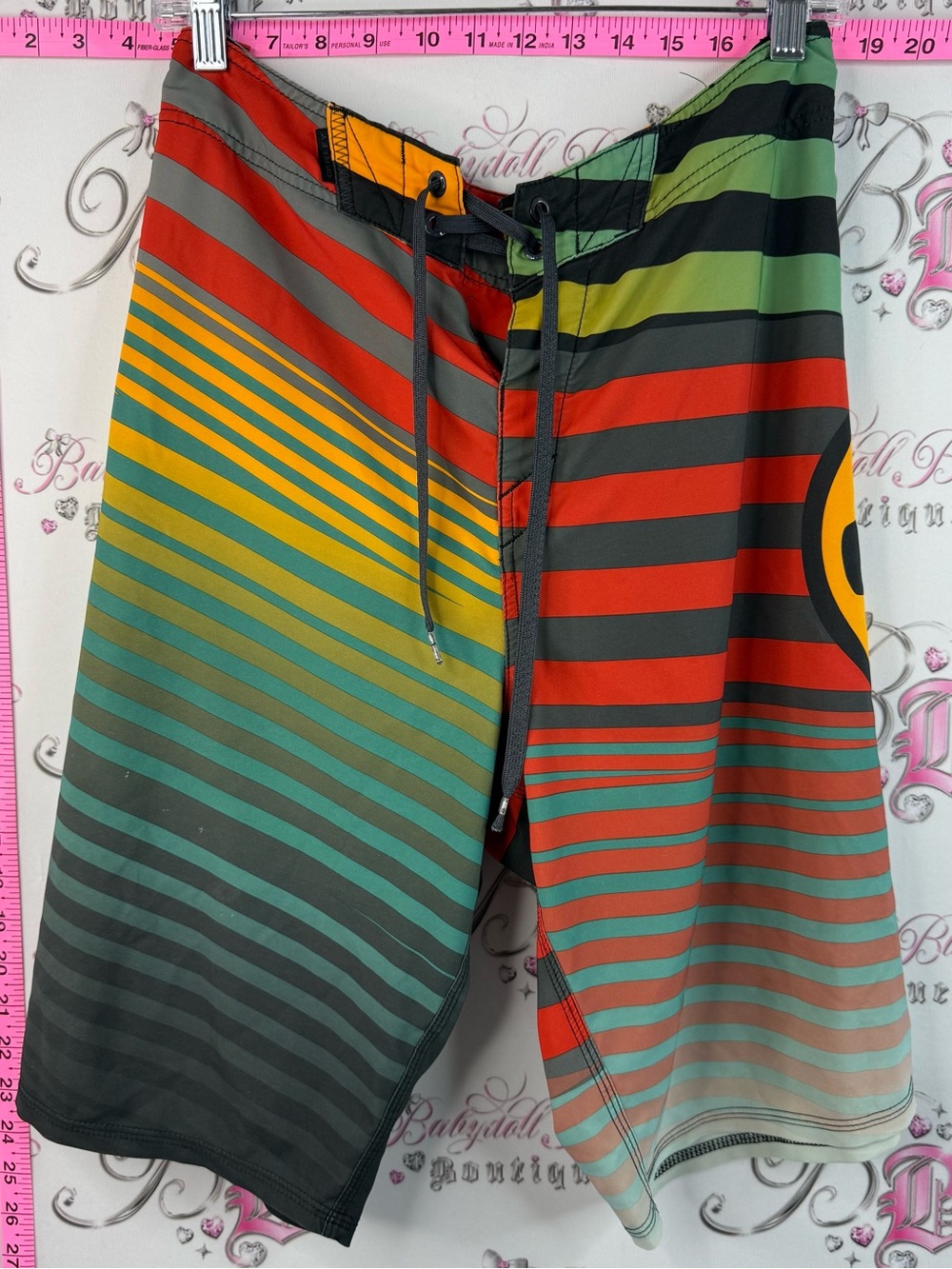 Oakley shorts swim pool Men's Red, Green & Yellow Striped Board Shorts